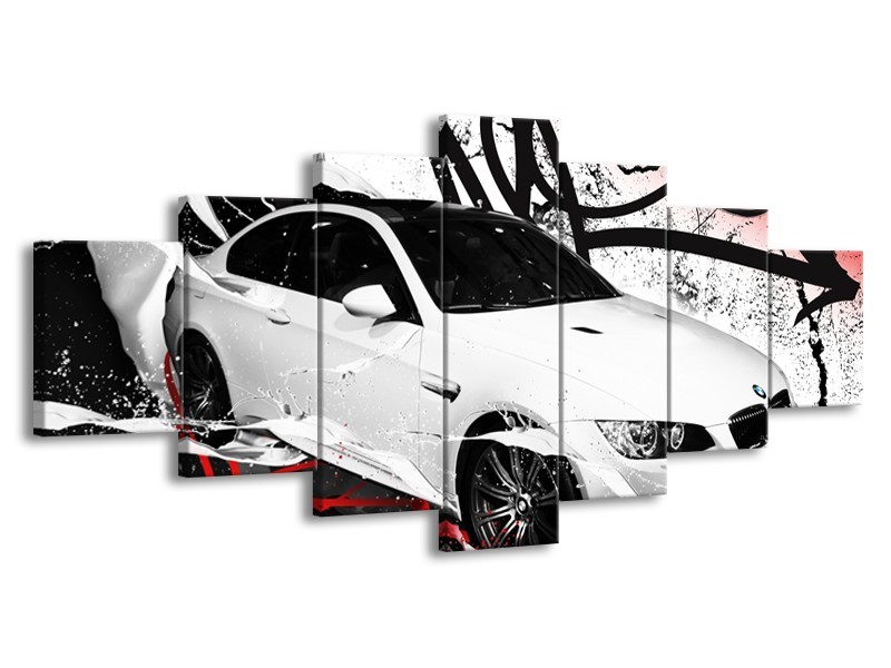 Canvas Schilderij Auto, BMW | Wit, Rood, Zwart | 210x100cm 7Luik