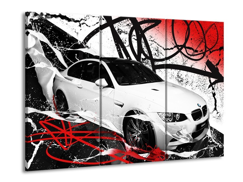 Glasschilderij Auto, BMW | Wit, Rood, Zwart | 60x90cm 3Luik