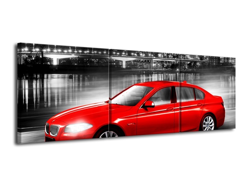 Glasschilderij Auto, BMW | Rood, Zwart, Grijs | 120x40cm 3Luik