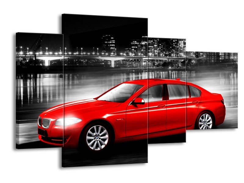 Glasschilderij Auto, BMW | Rood, Zwart, Grijs | 120x75cm 4Luik