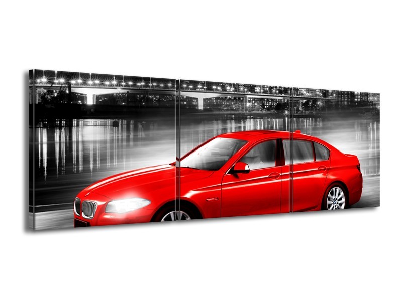 Glasschilderij Auto, BMW | Rood, Zwart, Grijs | 150x50cm 3Luik