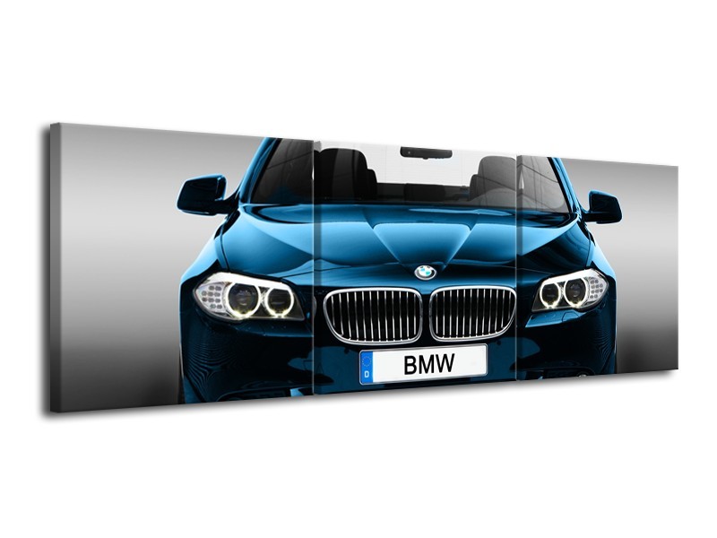 Glasschilderij Auto, BMW | Blauw, Zwart, Grijs | 120x40cm 3Luik