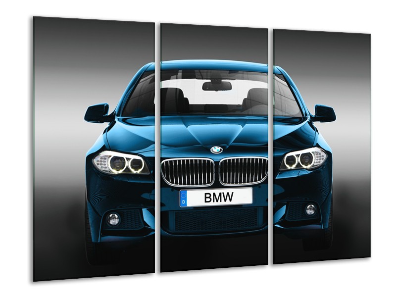 Glasschilderij Auto, BMW | Blauw, Zwart, Grijs | 120x80cm 3Luik