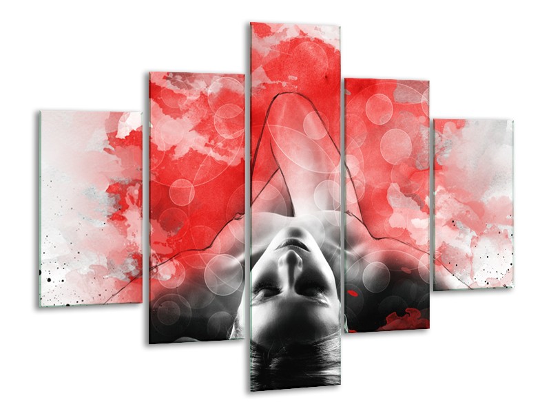Glasschilderij Vrouw, Kunst | Rood, Grijs, Wit | 100x70cm 5Luik
