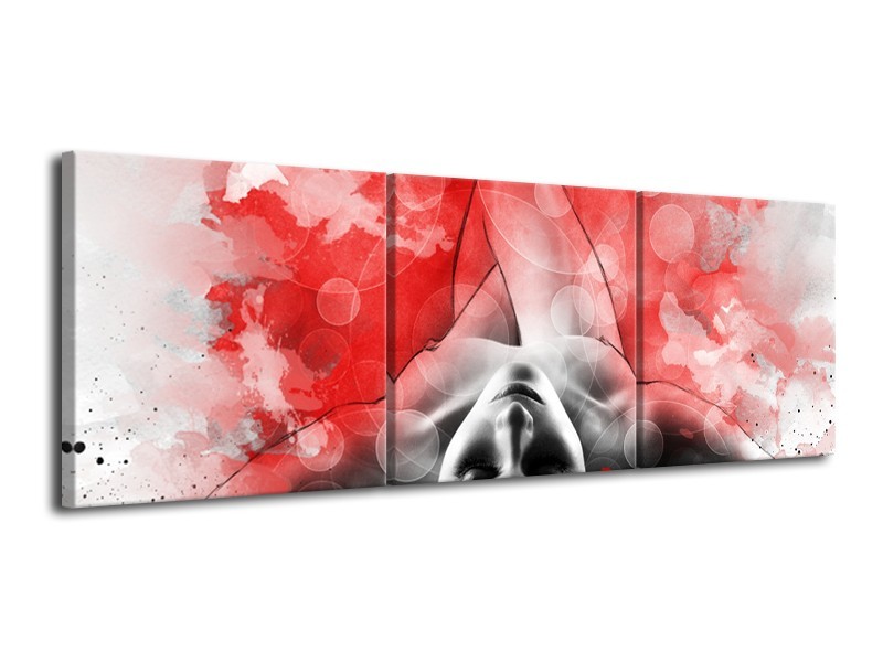 Glasschilderij Vrouw, Kunst | Rood, Grijs, Wit | 120x40cm 3Luik