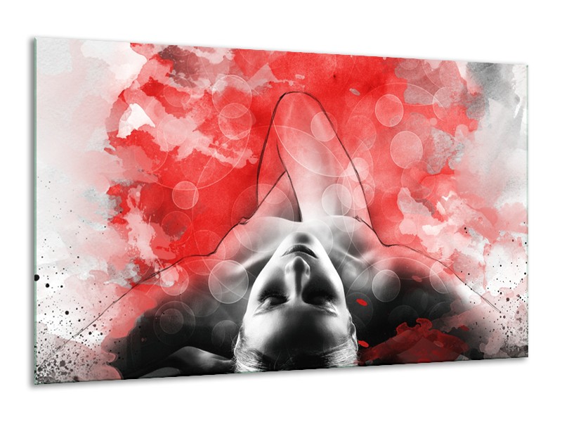 Glasschilderij Vrouw, Kunst | Rood, Grijs, Wit | 120x70cm 1Luik