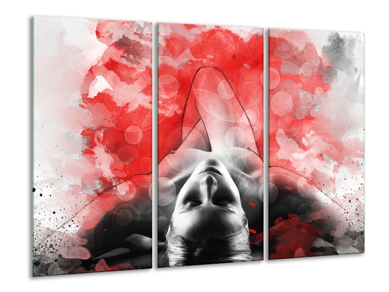 Glasschilderij Vrouw, Kunst | Rood, Grijs, Wit | 120x80cm 3Luik