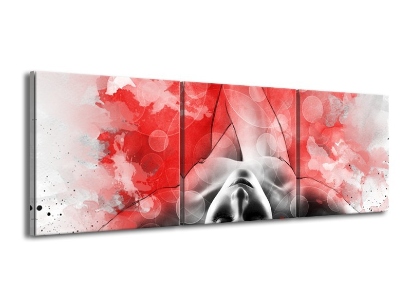 Glasschilderij Vrouw, Kunst | Rood, Grijs, Wit | 150x50cm 3Luik