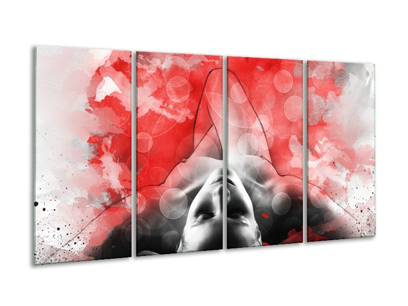 Glasschilderij Vrouw, Kunst | Rood, Grijs, Wit | 160x80cm 4Luik