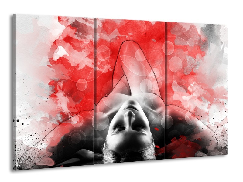 Glasschilderij Vrouw, Kunst | Rood, Grijs, Wit | 165x100cm 3Luik
