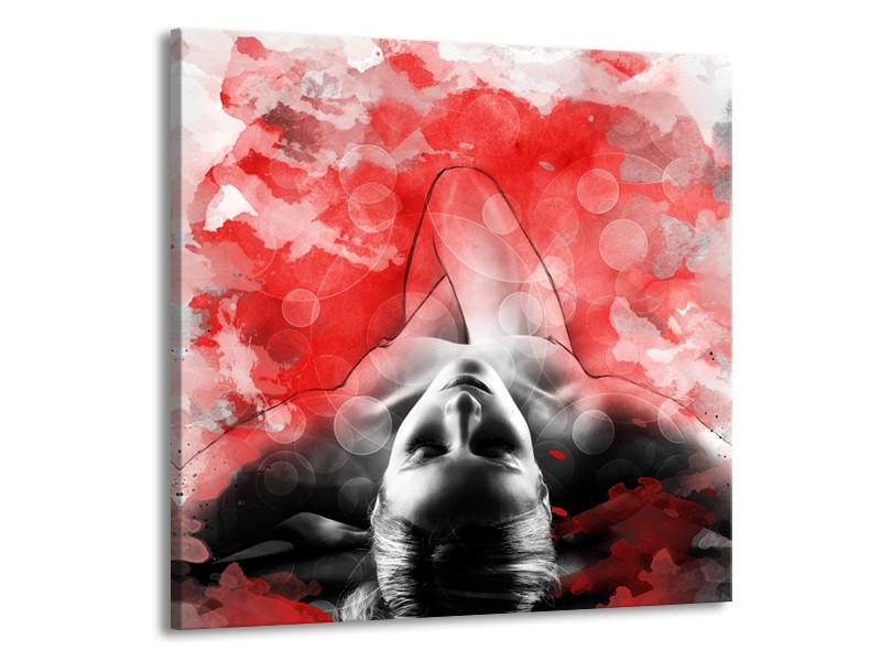Glasschilderij Vrouw, Kunst | Rood, Grijs, Wit | 50x50cm 1Luik