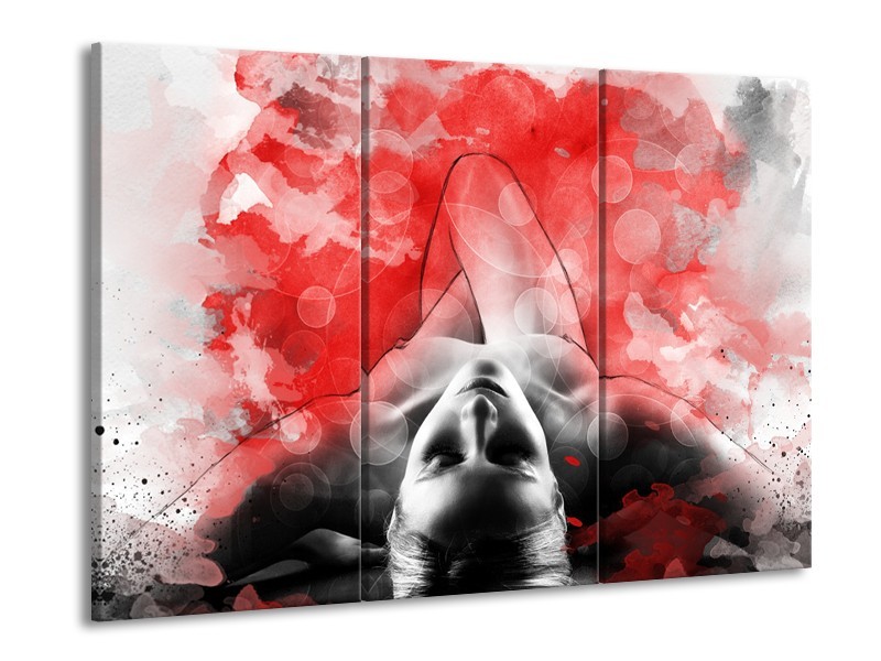 Glasschilderij Vrouw, Kunst | Rood, Grijs, Wit | 60x90cm 3Luik