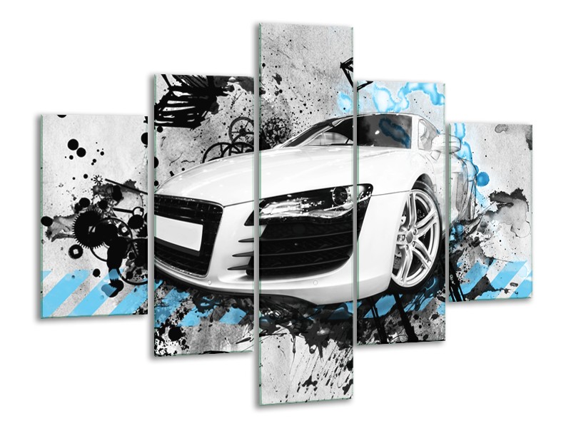 Glasschilderij Auto, Audi | Wit, Blauw, Zwart | 100x70cm 5Luik