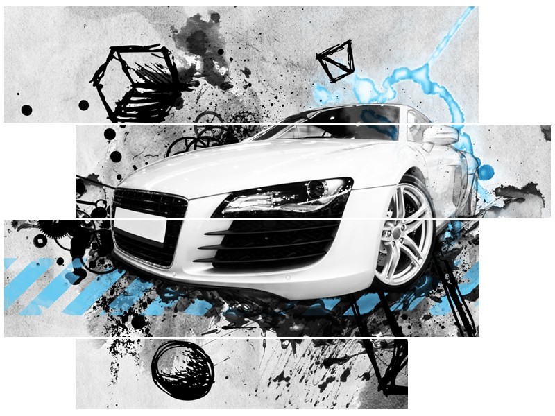 Canvas Schilderij Auto, Audi | Wit, Blauw, Zwart | 115x85cm 4Luik