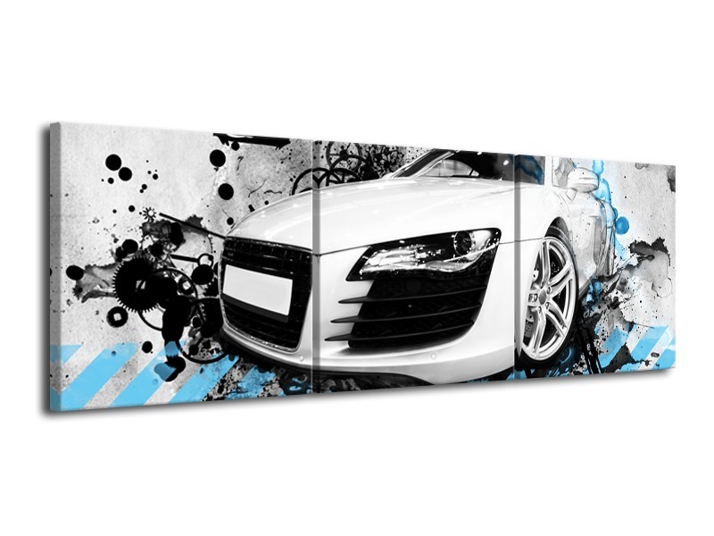 Canvas Schilderij Auto, Audi | Wit, Blauw, Zwart | 120x40cm 3Luik