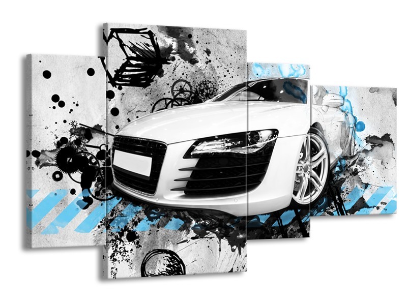 Glasschilderij Auto, Audi | Wit, Blauw, Zwart | 120x75cm 4Luik