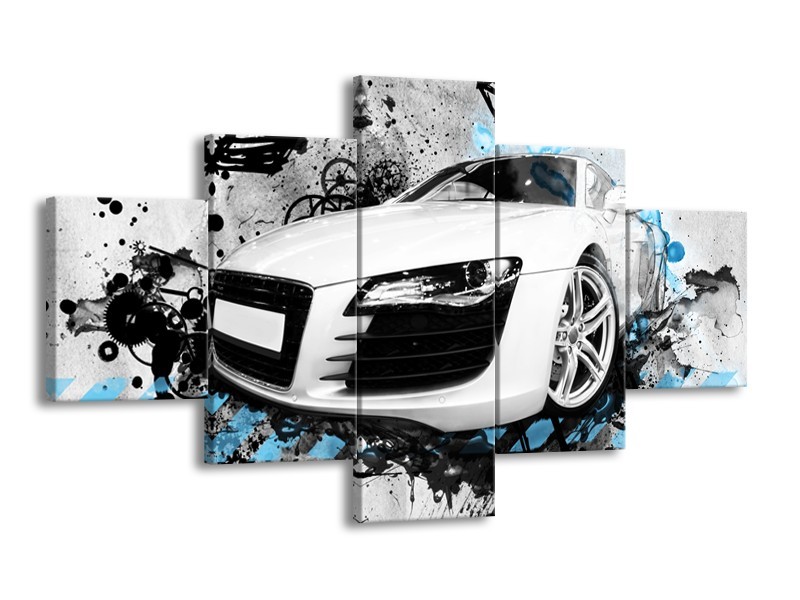 Glasschilderij Auto, Audi | Wit, Blauw, Zwart | 125x70cm 5Luik