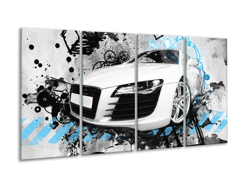 Glasschilderij Auto, Audi | Wit, Blauw, Zwart | 160x80cm 4Luik