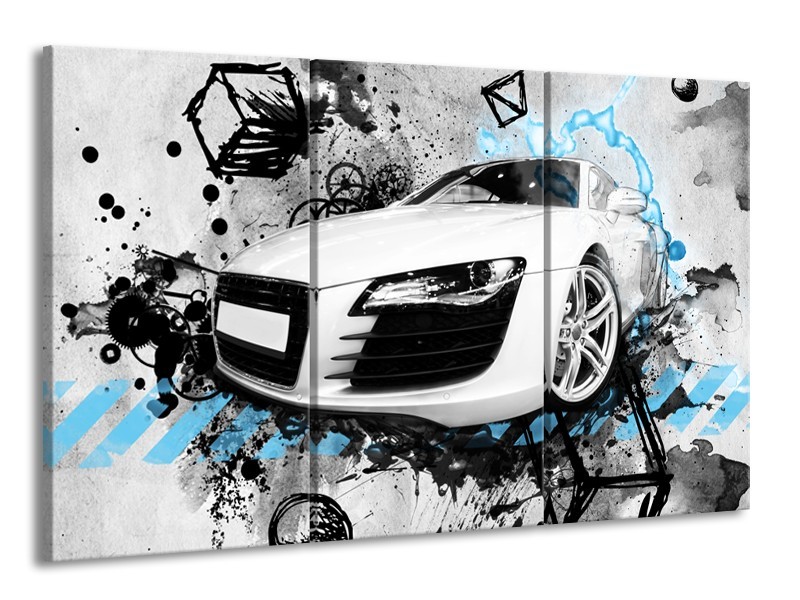 Glasschilderij Auto, Audi | Wit, Blauw, Zwart | 165x100cm 3Luik