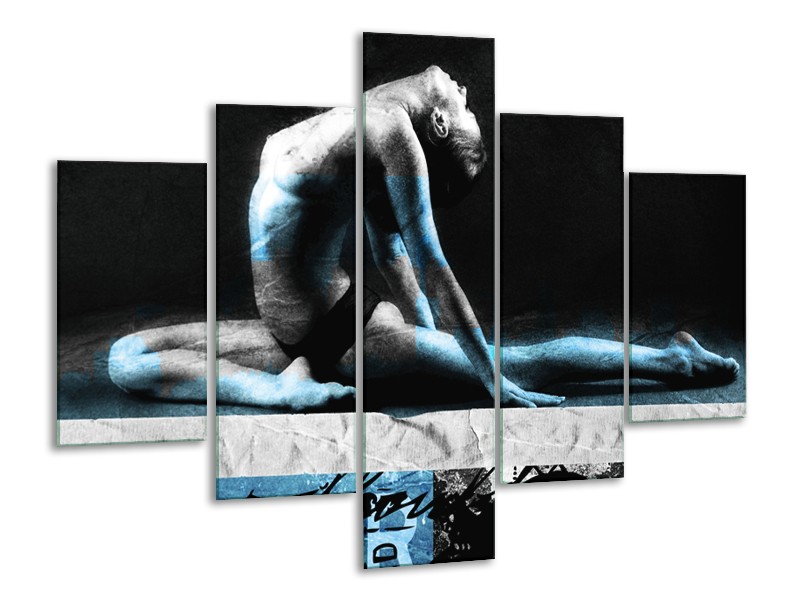 Glasschilderij Vrouw, Kunst | Zwart,Blauw, Grijs | 100x70cm 5Luik