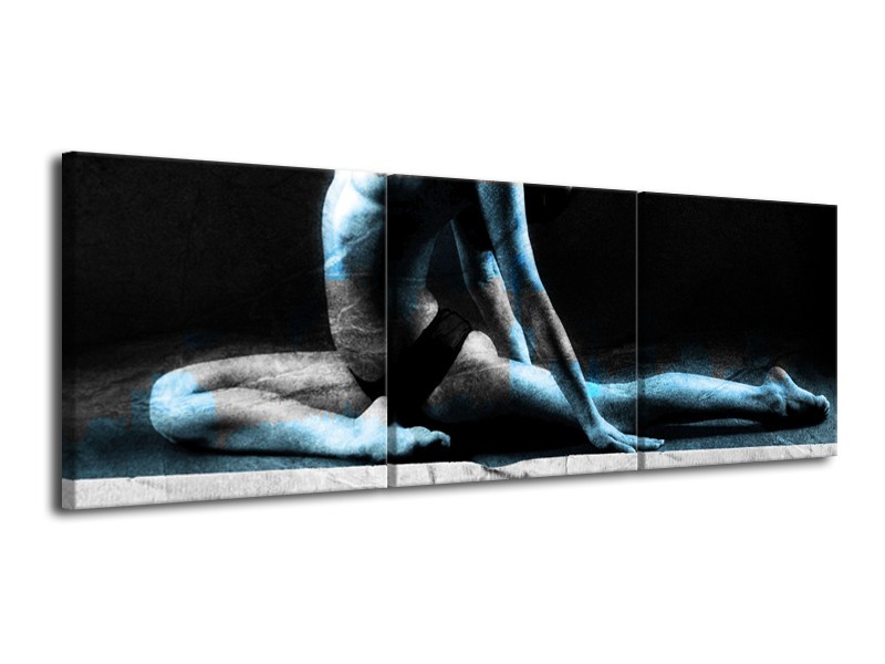 Glasschilderij Vrouw, Kunst | Zwart,Blauw, Grijs | 120x40cm 3Luik