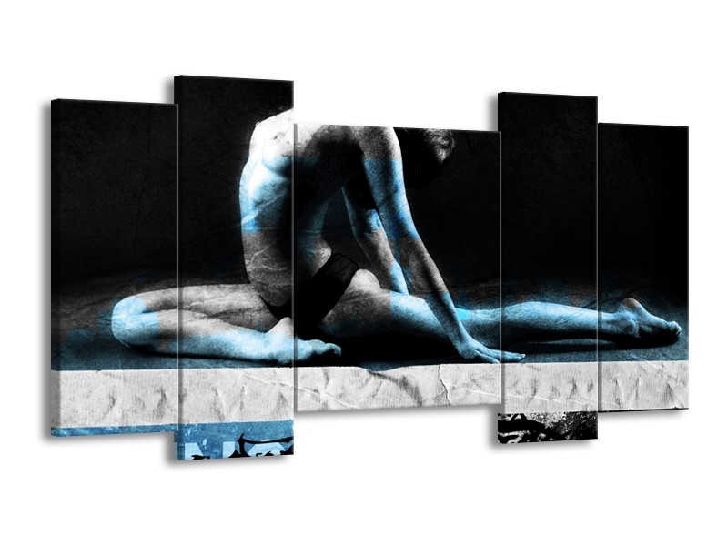 Glasschilderij Vrouw, Kunst | Zwart,Blauw, Grijs | 120x65cm 5Luik