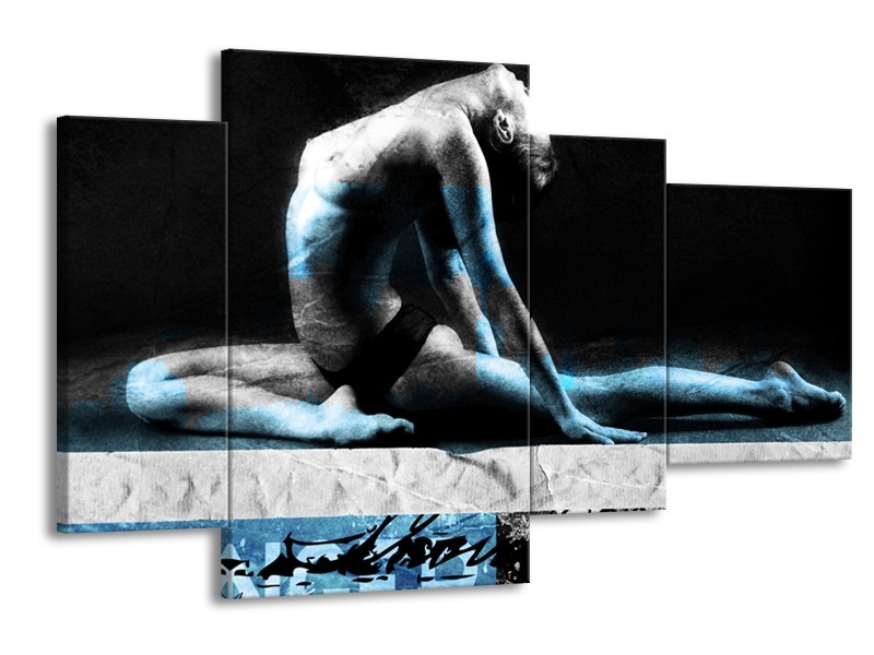 Glasschilderij Vrouw, Kunst | Zwart,Blauw, Grijs | 120x75cm 4Luik