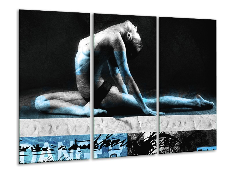 Glasschilderij Vrouw, Kunst | Zwart,Blauw, Grijs | 120x80cm 3Luik