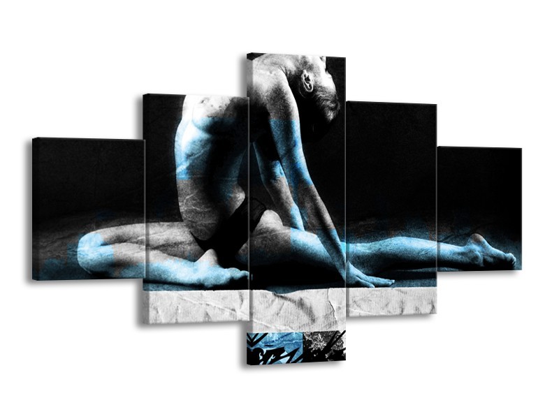 Canvas Schilderij Vrouw, Kunst | Zwart, Blauw, Grijs | 125x70cm 5Luik