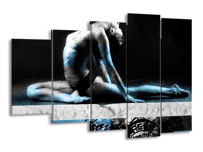 Glasschilderij Vrouw, Kunst | Zwart,Blauw, Grijs | 150x100cm 5Luik