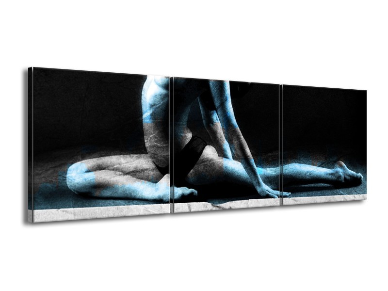 Glasschilderij Vrouw, Kunst | Zwart,Blauw, Grijs | 150x50cm 3Luik