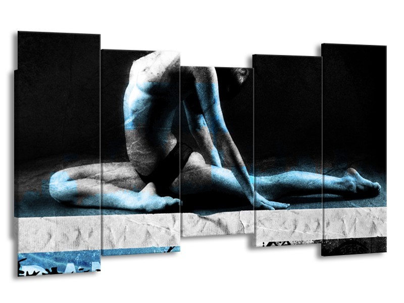 Glasschilderij Vrouw, Kunst | Zwart,Blauw, Grijs | 150x80cm 5Luik