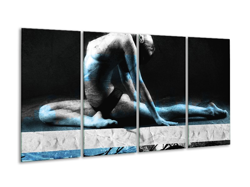 Canvas Schilderij Vrouw, Kunst | Zwart, Blauw, Grijs | 160x80cm 4Luik
