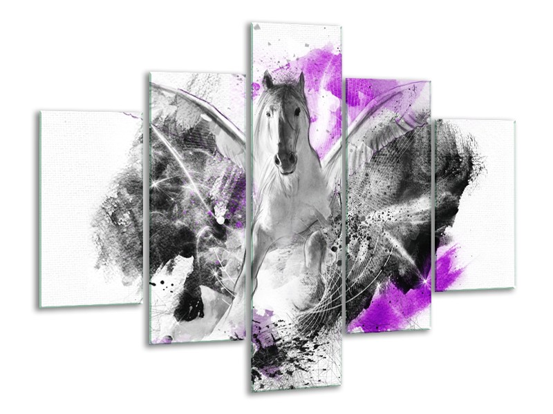 Canvas Schilderij Paard, Abstract | Paars, Grijs, Wit | 100x70cm 5Luik