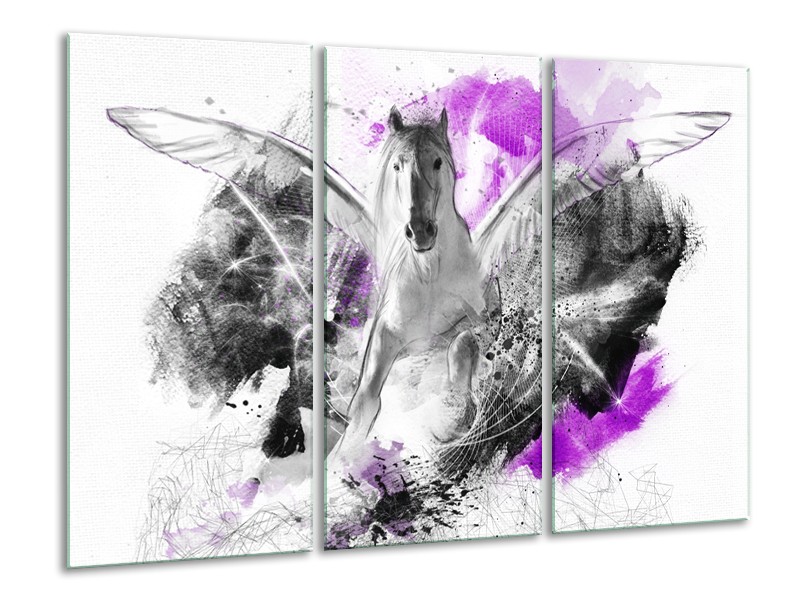 Canvas Schilderij Paard, Abstract | Paars, Grijs, Wit | 120x80cm 3Luik