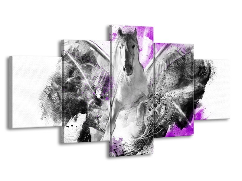 Canvas Schilderij Paard, Abstract | Paars, Grijs, Wit | 150x80cm 5Luik