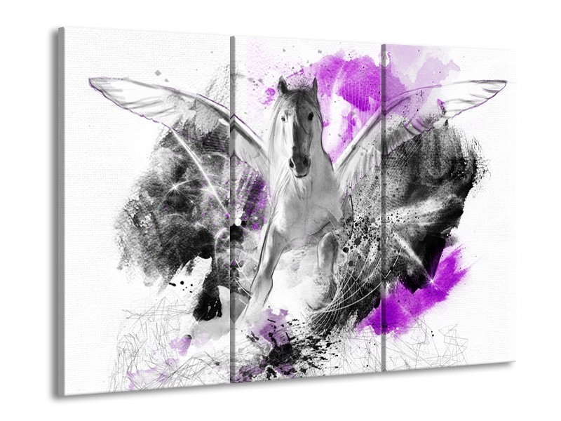 Canvas Schilderij Paard, Abstract | Paars, Grijs, Wit | 60x90cm 3Luik
