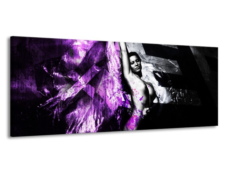 Canvas Schilderij Vrouw, Kunst | Paars, Grijs, Zwart | 145x58cm 1Luik