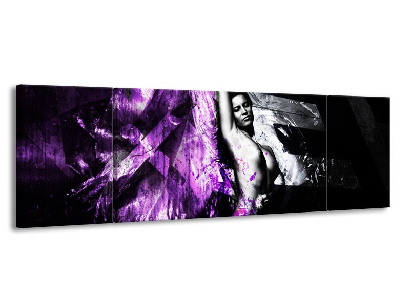 Canvas Schilderij Vrouw, Kunst | Paars, Grijs, Zwart | 170x50cm 3Luik