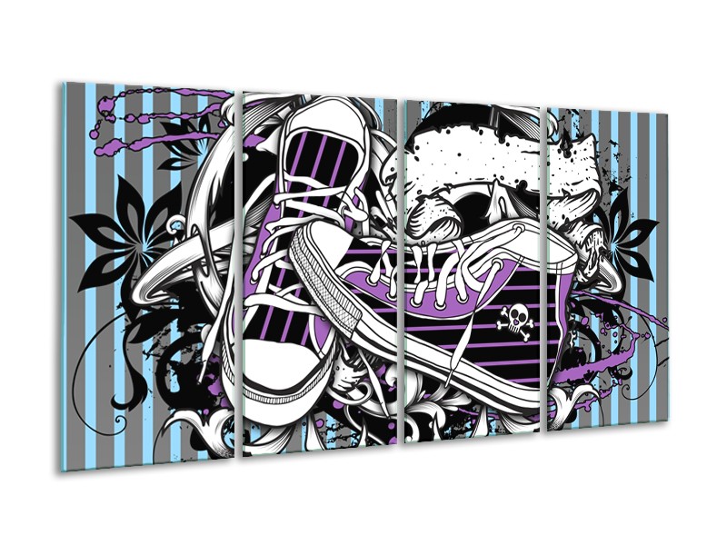 Glasschilderij Popart, Schoenen | Grijs, Paars, Wit | 160x80cm 4Luik