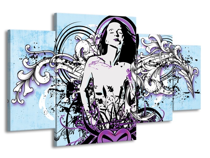 Canvas Schilderij Vrouw, Popart | Blauw, Paars, Wit | 160x90cm 4Luik