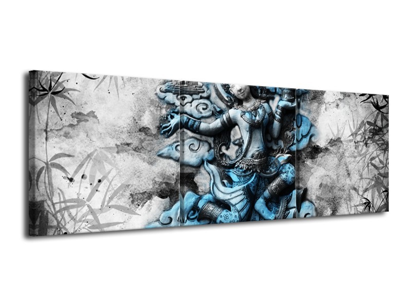 Canvas Schilderij Boeddha, Beeld | Blauw, Grijs, Zwart | 120x40cm 3Luik