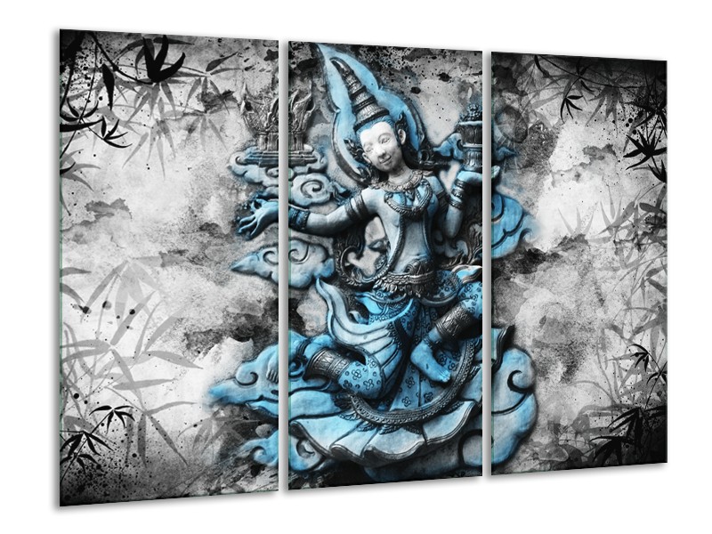 Canvas Schilderij Boeddha, Beeld | Blauw, Grijs, Zwart | 120x80cm 3Luik