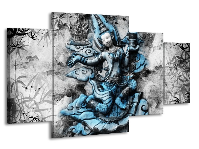 Canvas Schilderij Boeddha, Beeld | Blauw, Grijs, Zwart | 160x90cm 4Luik