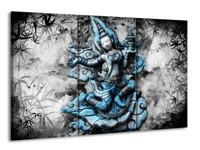 Canvas Schilderij Boeddha, Beeld | Blauw, Grijs, Zwart | 165x100cm 3Luik