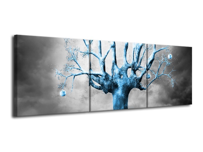 Glasschilderij Boom, Abstract | Blauw, Grijs, Wit | 120x40cm 3Luik