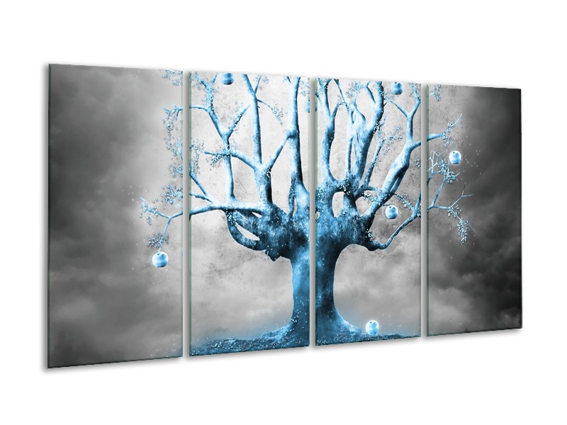 Canvas Schilderij Boom, Abstract | Blauw, Grijs, Wit | 160x80cm 4Luik