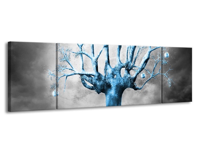 Canvas Schilderij Boom, Abstract | Blauw, Grijs, Wit | 170x50cm 3Luik