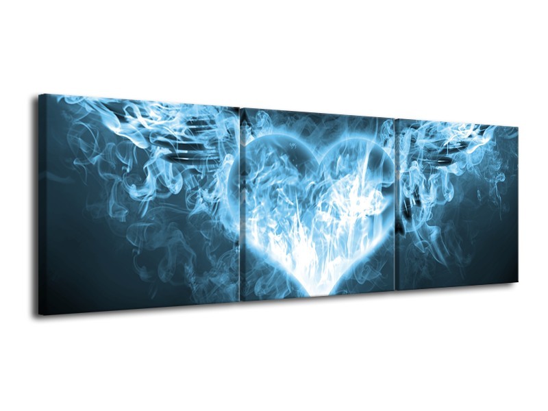 Canvas Schilderij Hart, Vuur | Blauw, Wit | 120x40cm 3Luik