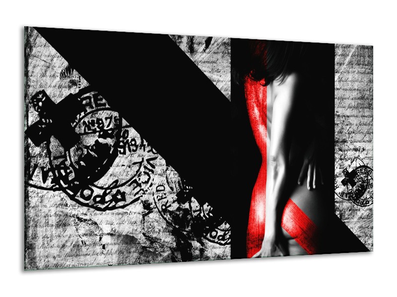 Glasschilderij Vrouw, Kunst | Rood, Zwart, Grijs | 120x70cm 1Luik